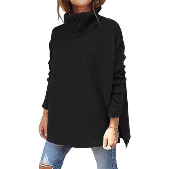 Women's Turtleneck OversizedLong Batwing Sleeve Spilt Hem Tunic Pullover Sweater - Picture 1 of 6